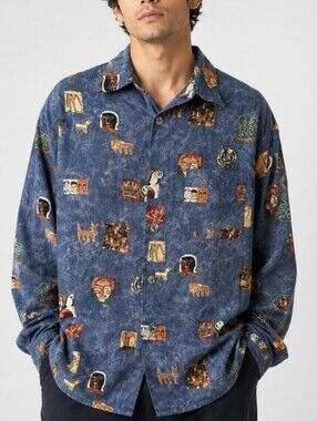 Signum Men’s Blue Abstract Folk Art Print Long Sleeve Button Shirt Large Cotton